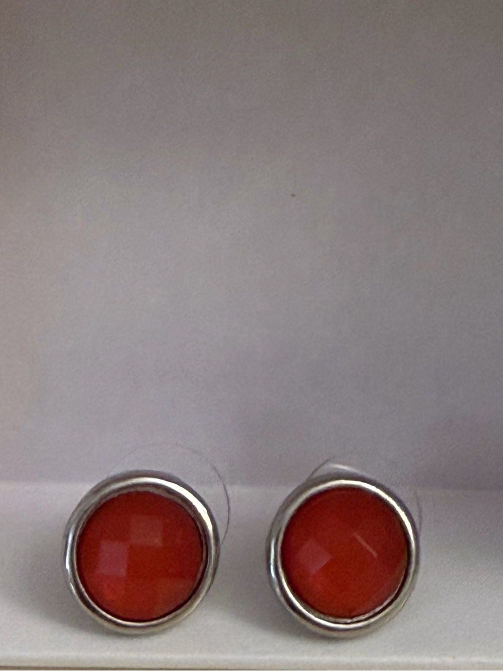 Source Unknown Red Faceted Stone Silver Stud Earrings